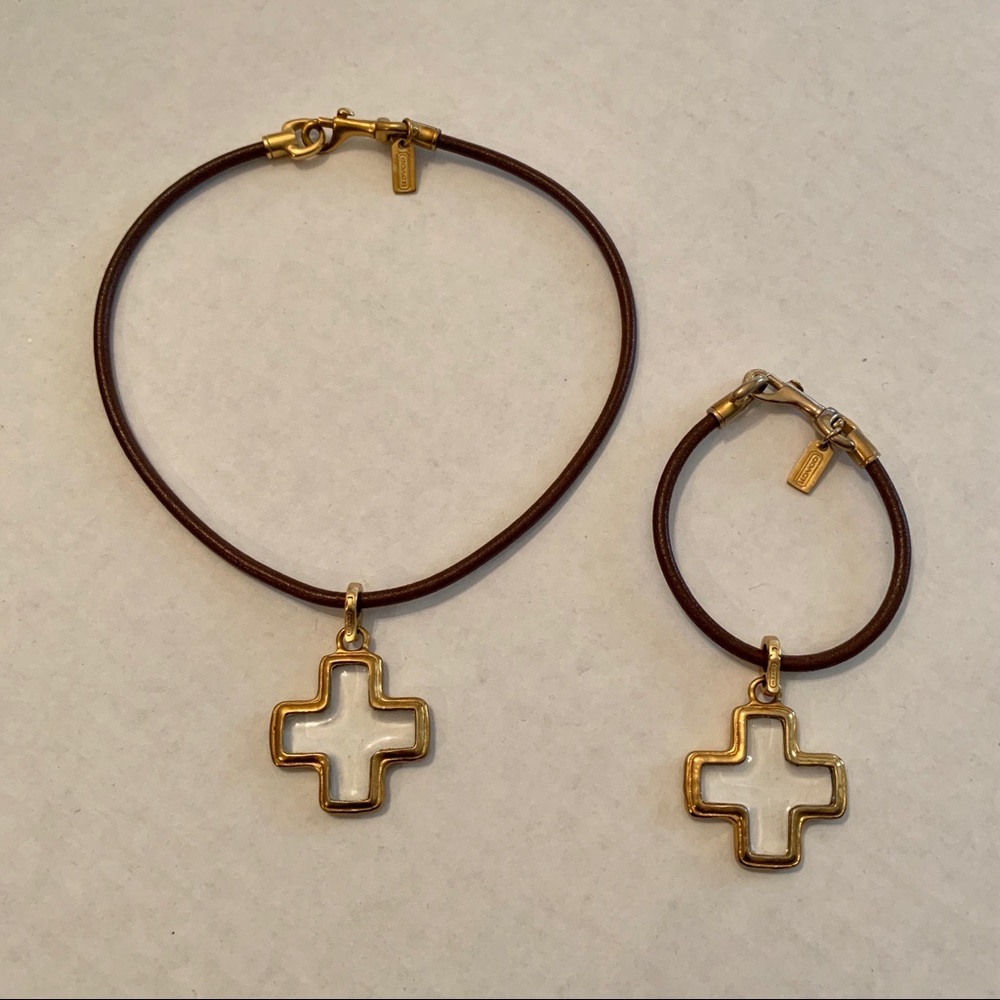 Coach Gold and Glass Cross Necklace & Bracelet